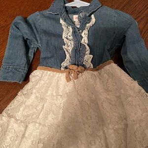 Jean and white lace dress.